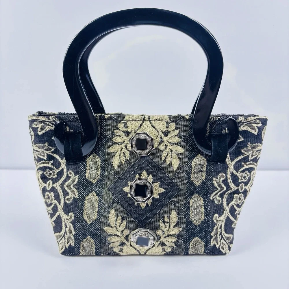 Sonia Rose Tapestry Purse Gothic Black Bag Plastic Handles‎ Victorian Carpet Bag